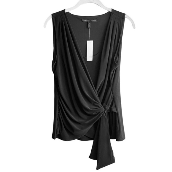 NEW WHBM Sleeveless Jersey Blouse Side Draped Surplice Top Black Size M - Picture 1 of 9